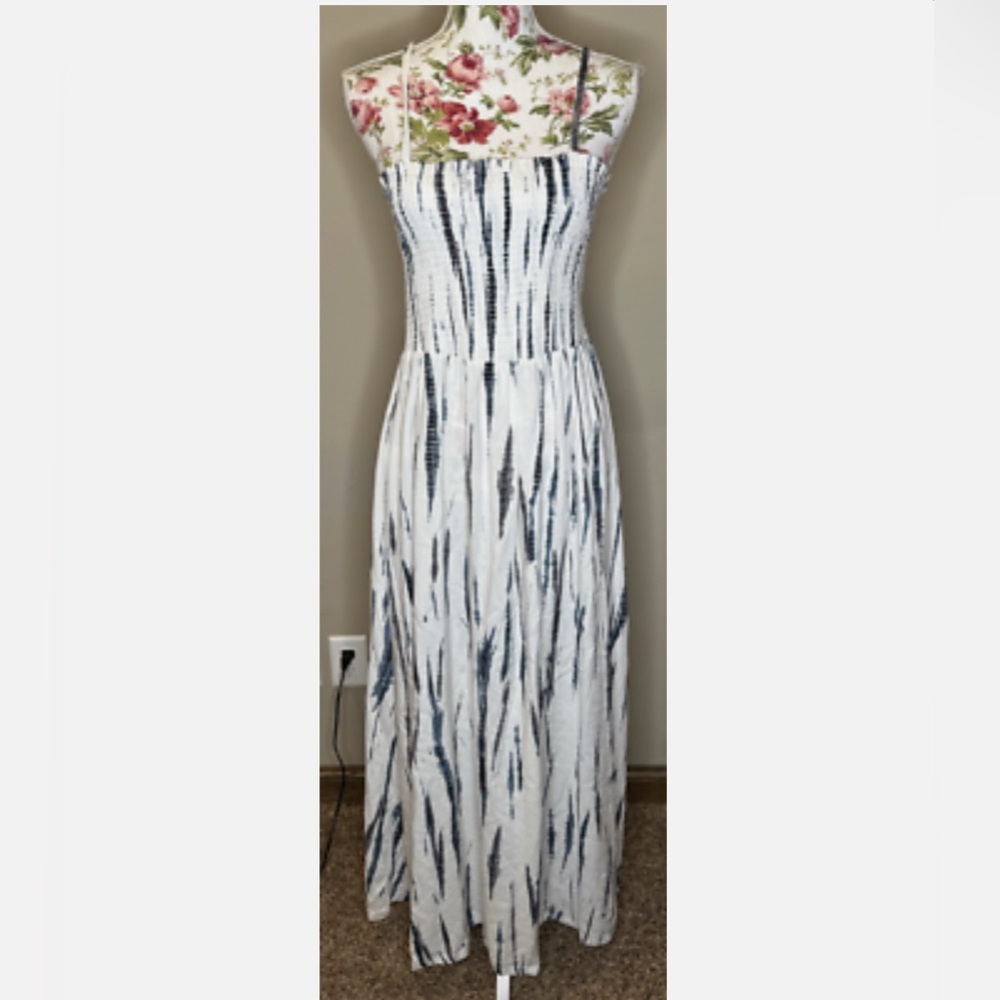 Soft Surroundings (M) Tie Dye Striped Maxi Dress Spaghetti Straps Smocked Bodice